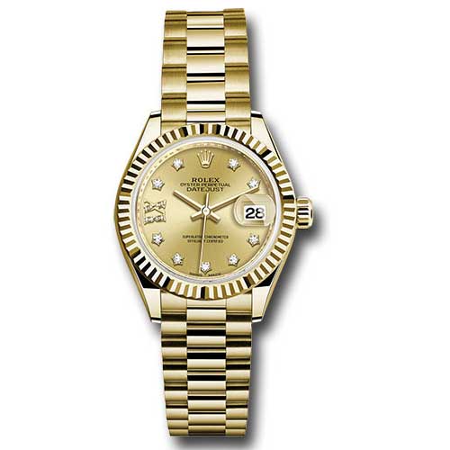 Rolex Datejust Lady 28 Yellow Gold - Fluted Bezel - President Bracelet