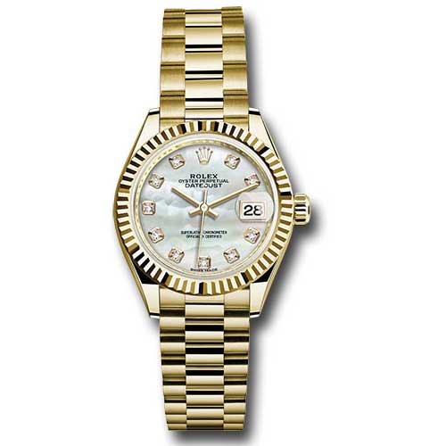 Rolex Datejust Lady 28 Yellow Gold - Fluted Bezel - President Bracelet